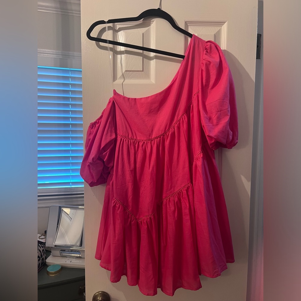 Hot pink dress, off the shoulder
